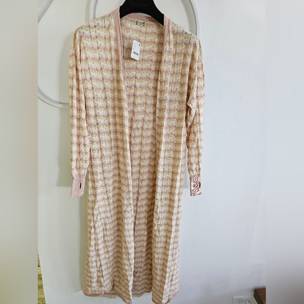 Free People Pink and Cream Long Cardigan